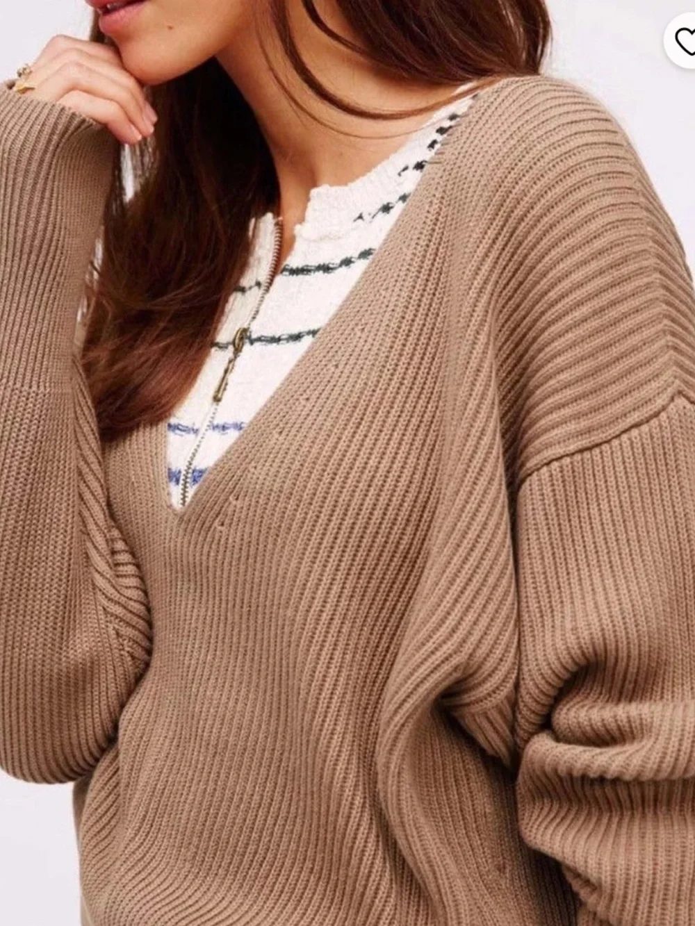 Free People ALLURE COTTON V-Neck Ribbed Pullover in Camel